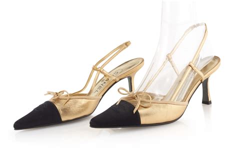 chanel black heels gold lining satin cap toe slingback